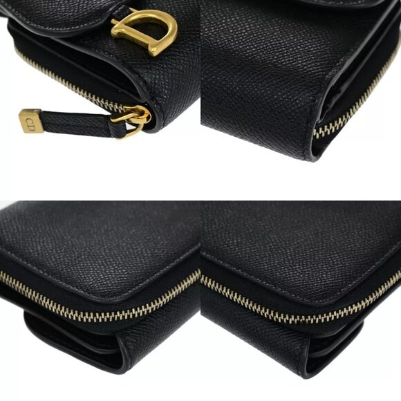 CHRISTIAN DIOR Logo Saddle Trifold Wallet Purse Leather Black